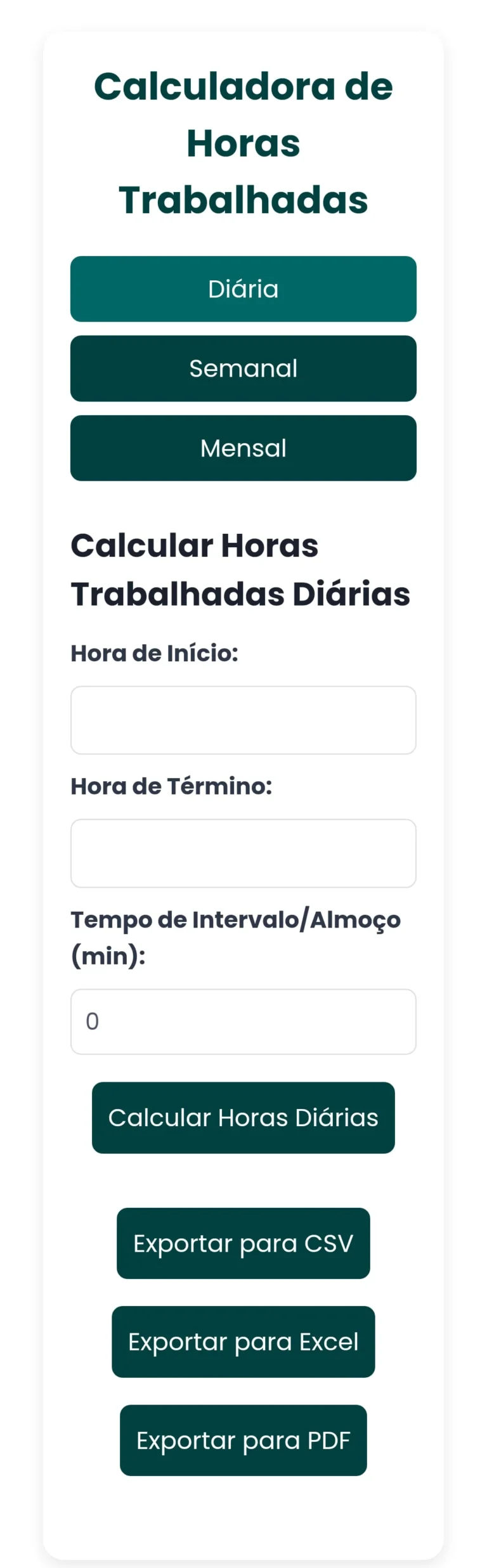 Calculadora de Horas Trabalhadas: Calcule suas Horas Diárias, Semanais e Mensais e Exporte os Resultados para CSV, Excel ou PDF 10 svg%3E