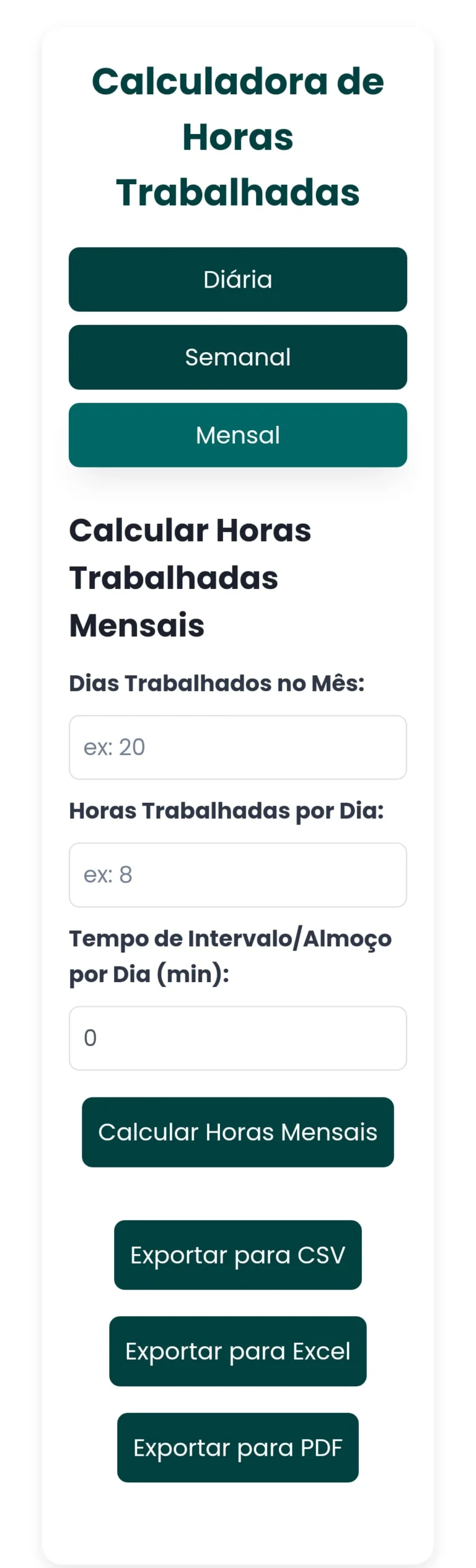 Calculadora de Horas Trabalhadas: Calcule suas Horas Diárias, Semanais e Mensais e Exporte os Resultados para CSV, Excel ou PDF 8 svg%3E